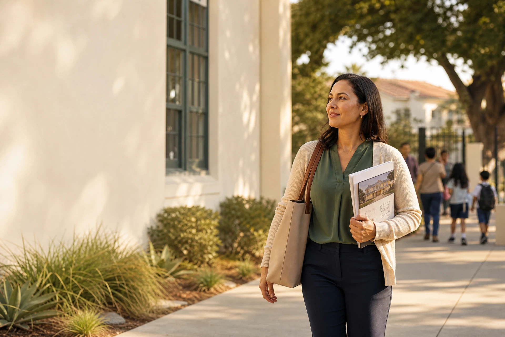Educator walking from a vibrant school community toward her next home move